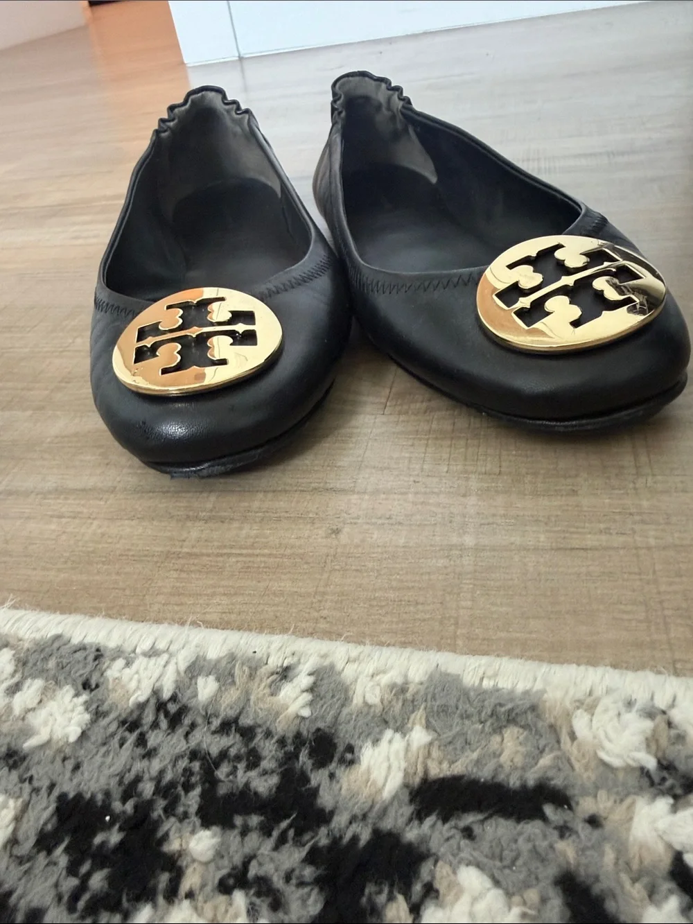 Tory Burch Black Leather Ballet Flats with Gold Logo Medallion